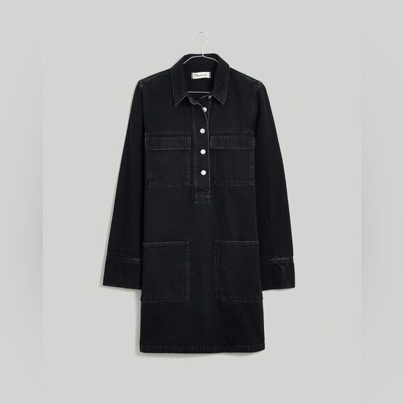 NWT Madewell Long Sleeve Denim Popover Mini Shirtdress in Clean Black Wash - Picture 6 of 10